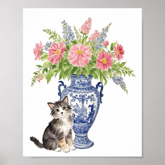 Chinoiserie Art Cat mit Vase bunt Blume Poster (Vorne)