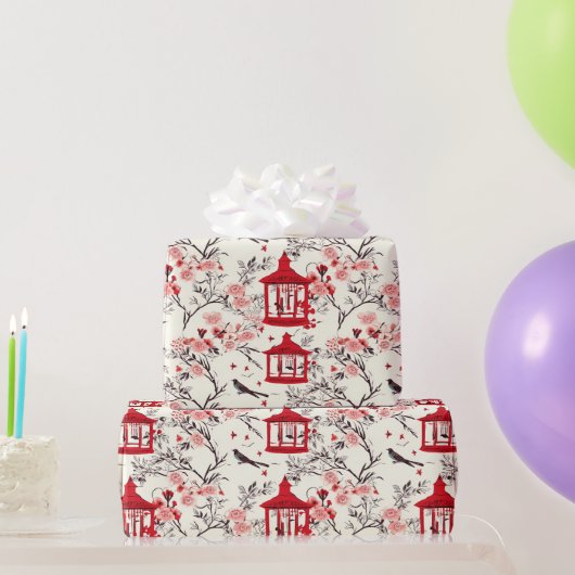 Chinoiserie Asian Floral Painting Red Decoupage Geschenkpapier (Partygeschenke)