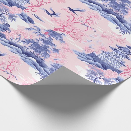 Chinoiserie Asiatische Landschaft Rosa Blau Geschenkpapier (Ecke)
