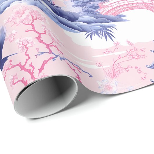 Chinoiserie Asiatische Landschaft Rosa Blau Geschenkpapier (Rolleneckpunkt)