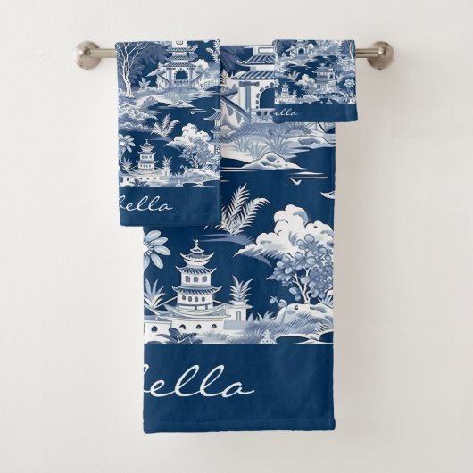 Chinoiserie Asiatische Landschaftsmalerei Blau Wei Badhandtuch Set (Insitu)