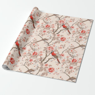 Chinoiserie Asiatische Rote Vögel Rosa Blumen Deco Geschenkpapier
