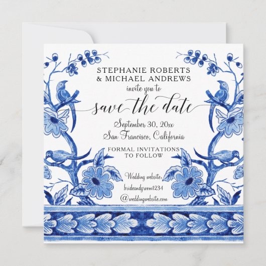 Chinoiserie asiatischer Einfluss Navy Blue White F Save The Date (Vorderseite)