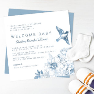 Chinoiserie Babydusche Einladung - Blauer Blume