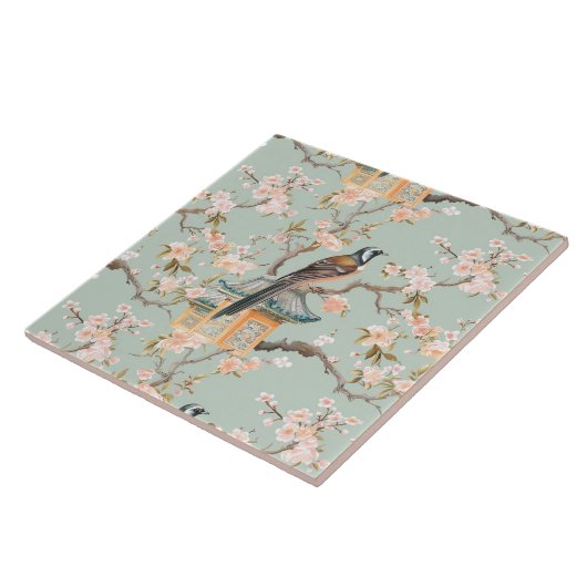 Chinoiserie Bird & Blossom Blush Sage Ceramic Tile Fliese (Seite)