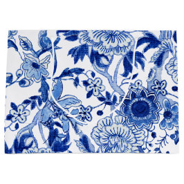 Chinoiserie Bird Floral Blau Weißes Brautparty Große Geschenktüte