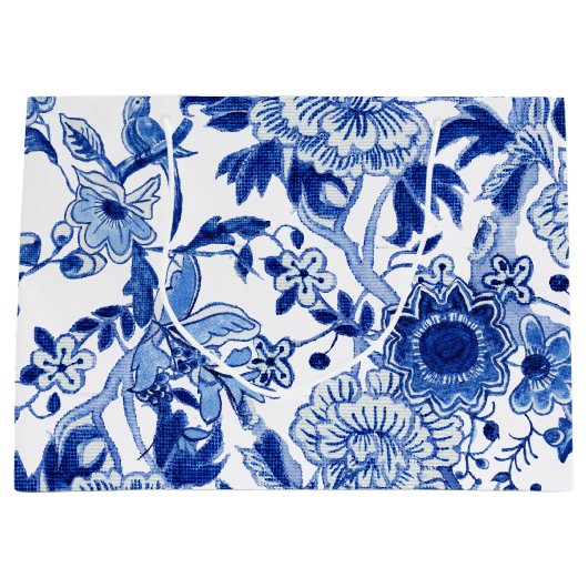 Chinoiserie Bird Floral Blau Weißes Brautparty Große Geschenktüte (Vorderseite)