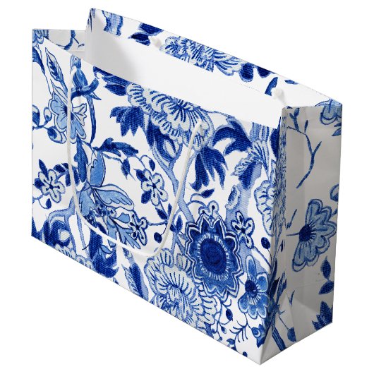 Chinoiserie Bird Floral Blau Weißes Brautparty Große Geschenktüte (Vorderseite Schrägansicht)