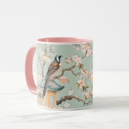 Chinoiserie Bird & Pink Cherry Blossom Tasse (Vorderseite Links)