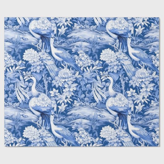 Chinoiserie Birds Blaues weißes Gemälde Geschenkpapier (Flach)