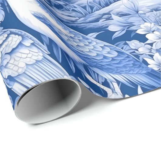 Chinoiserie Birds Blaues weißes Gemälde Geschenkpapier (Rolleneckpunkt)
