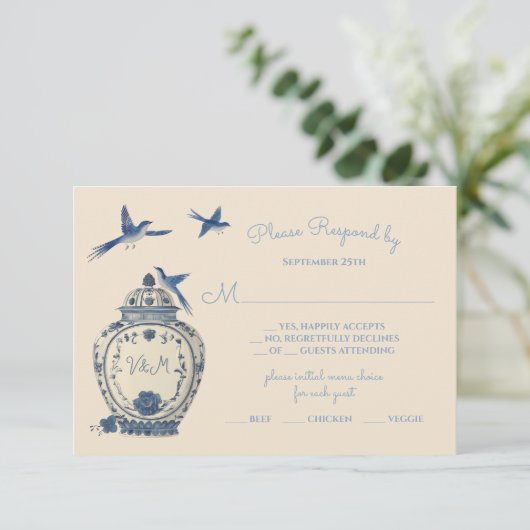 Chinoiserie Birds Topiary Wedding RSVP Reaktion Einladung (Stehend Vorderseite)