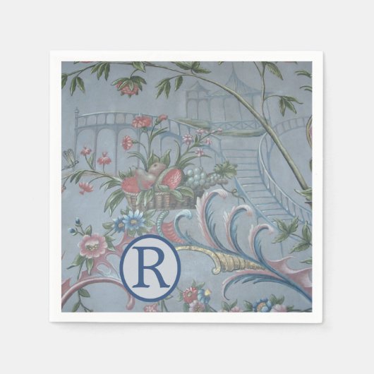 Chinoiserie Blau China Blumengarten Monogramm Rosa Serviette (Vorderseite)