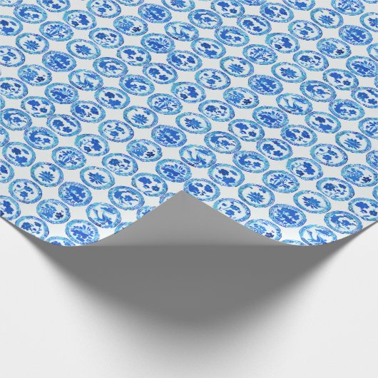 Chinoiserie Blau Teller Muster Geschenkpapier (Ecke)