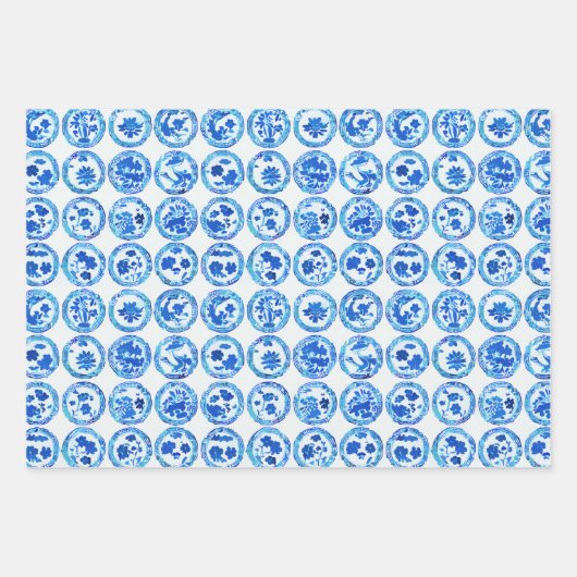 Chinoiserie Blau Teller Muster Geschenkpapier Set (Vorderseite 2)