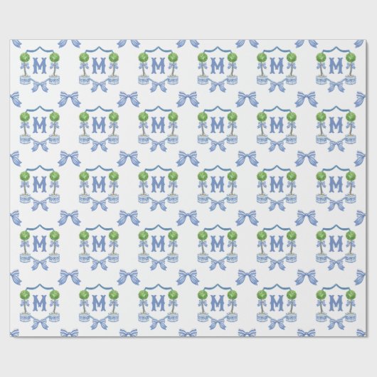 Chinoiserie Blau Topiary Monogram Wappen Geschenkpapier (Flach)