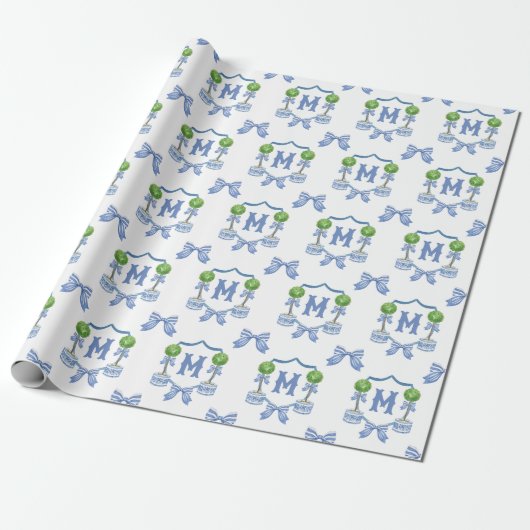 Chinoiserie Blau Topiary Monogram Wappen Geschenkpapier (Ungerollt)