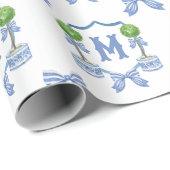 Chinoiserie Blau Topiary Monogram Wappen Geschenkpapier (Rolleneckpunkt)