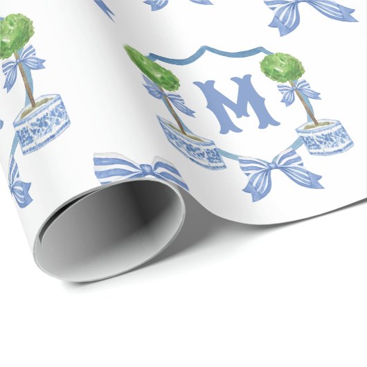 Chinoiserie Blau Topiary Monogram Wappen Geschenkpapier (Rolleneckpunkt)