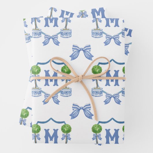 Chinoiserie Blau Topiary Monogram Wappen Geschenkpapier Set (Beispiel)