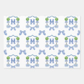Chinoiserie Blau Topiary Monogram Wappen Geschenkpapier Set (Vorderseite)