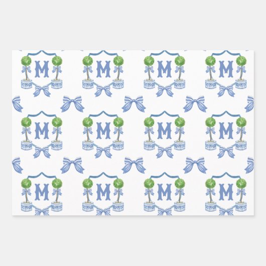 Chinoiserie Blau Topiary Monogram Wappen Geschenkpapier Set (Vorderseite)