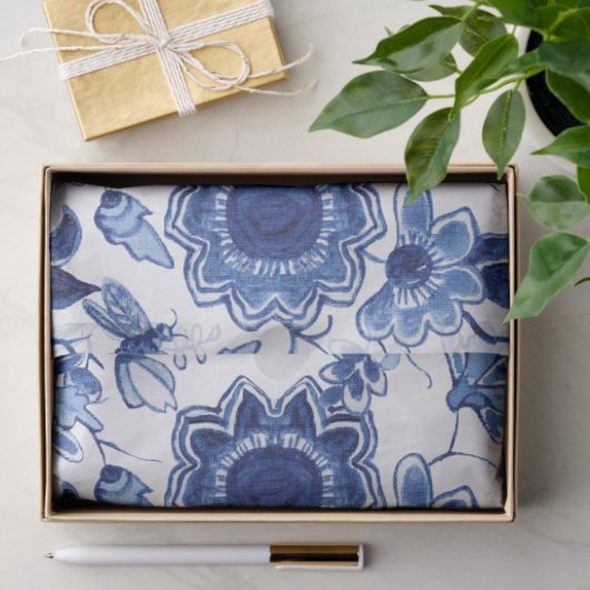 Chinoiserie Blau und Weiß-asiatische Blumendekoupa Seidenpapier (Geschenk)