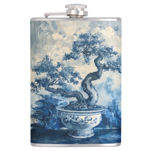 Chinoiserie Blau und Weiß Porzellan Design Flachmann (Vorderseite)