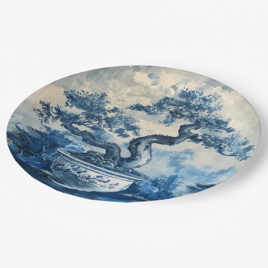 Chinoiserie Blau und Weiß Porzellan Design Pappteller (Schrägansicht)