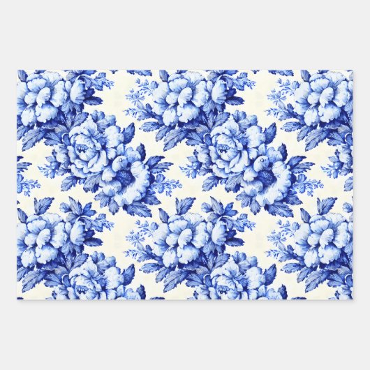 Chinoiserie Blau Weiße Blüten und Streifen Geschenkpapier Set (Vorderseite)