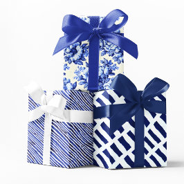 Chinoiserie Blau Weiße Blüten und Streifen Geschenkpapier Set