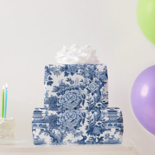 Chinoiserie Blau Weiße Blütenbilder Geschenkpapier