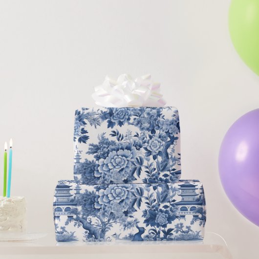 Chinoiserie Blau Weiße Blütenbilder Geschenkpapier (Partygeschenke)
