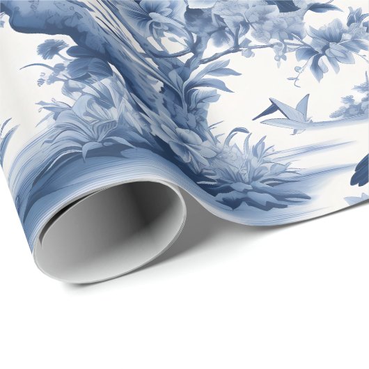Chinoiserie Blau Weiße Blütenbilder Geschenkpapier (Rolleneckpunkt)
