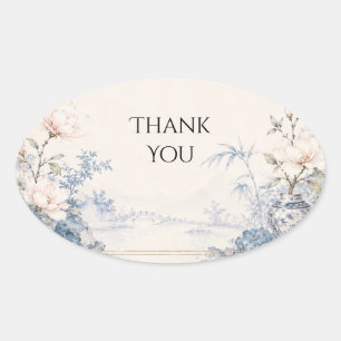Chinoiserie Blau Weiße Magnolie Hochzeitsaufkleber Ovaler Aufkleber