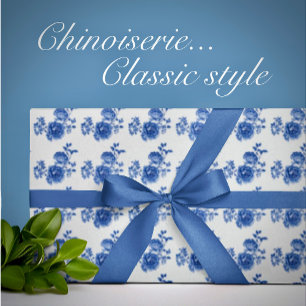Chinoiserie Blau Weiße Rosen Florales Geschenkpapi Geschenkpapier