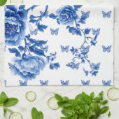 Chinoiserie Blau Weiße Schmetterlinge Rose Geschirrtuch (Gefaltet)