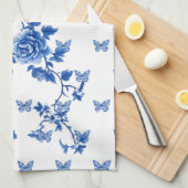 Chinoiserie Blau Weiße Schmetterlinge Rose Geschirrtuch (Viertel Falte)