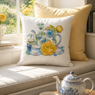 Chinoiserie Blau-Weiße Teekanne Rosen Teeparty Kissen