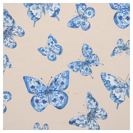 Chinoiserie Blau Weißer Schmetterling Blush Hinter Stoff (Muster)