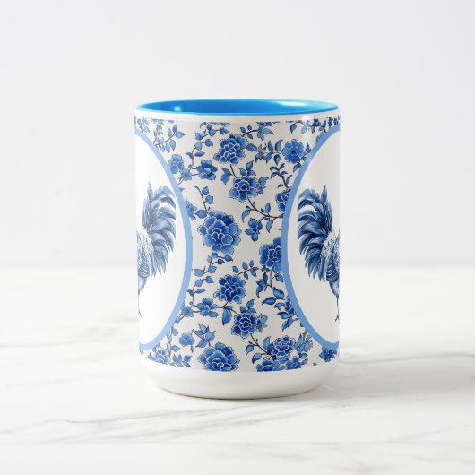 Chinoiserie Blaue Blüte mit Rooster Zweifarbige Tasse (Mittel)