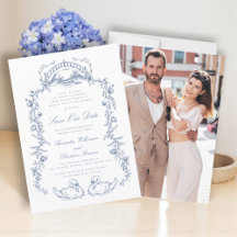 Chinoiserie blaue Foto-Save-the-Date-Karte 
