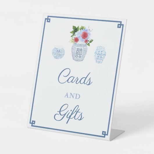 Chinoiserie Blaue und rote Karten und Geschenke Sockelschild (Vorderseite)