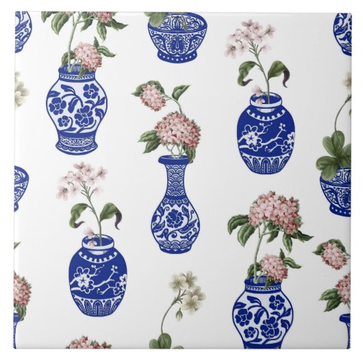Chinoiserie blaue Vasen und Blumen Fliese (Vorderseite)