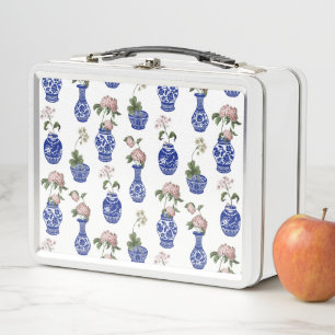 Chinoiserie blaue Vasen und Blumen  Metall Brotdose