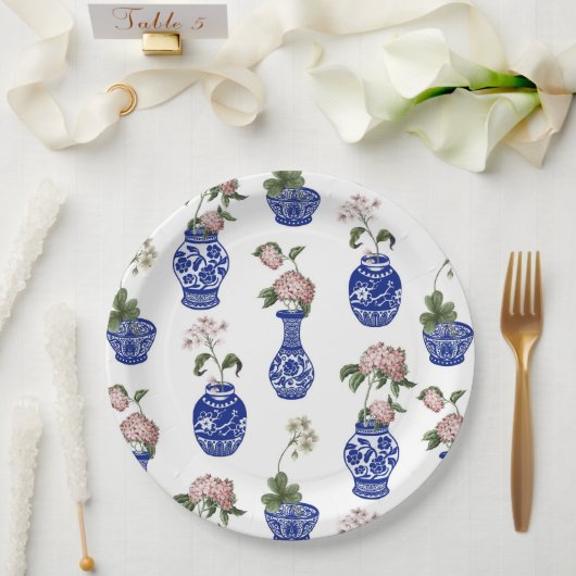 Chinoiserie blaue Vasen und Blumen Pappteller (Hochzeit)