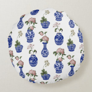 Chinoiserie blaue Vasen und Blumen  Rundes Kissen