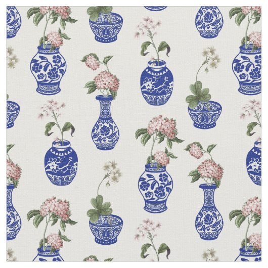 Chinoiserie blaue Vasen und Blumen  Stoff (Nahaufnahme)