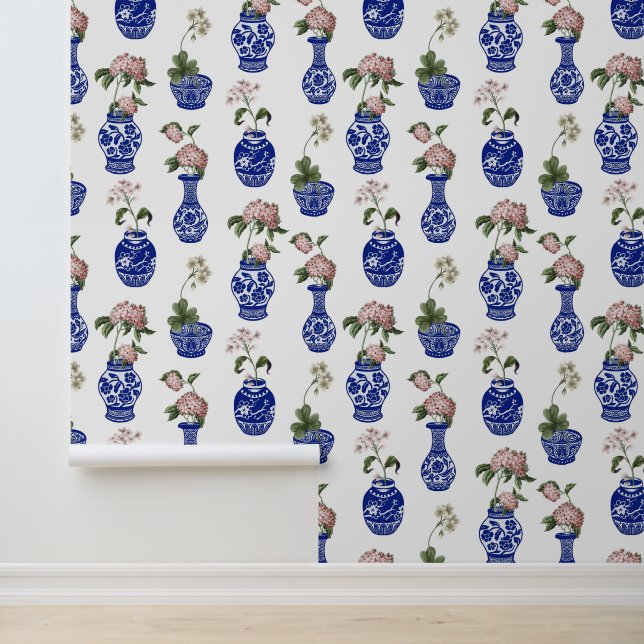 Chinoiserie blaue Vasen und Blumen  Tapete (Anwendung)