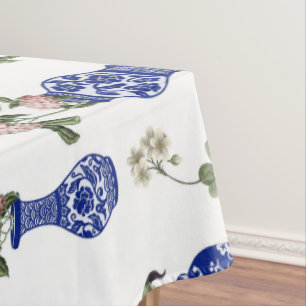 Chinoiserie blaue Vasen und Blumen Tischdecke